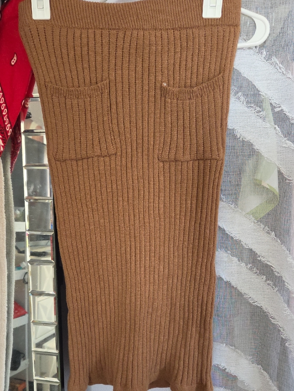 Ribbed Knit Midi Skirt with Front Patch Pockets - Camel